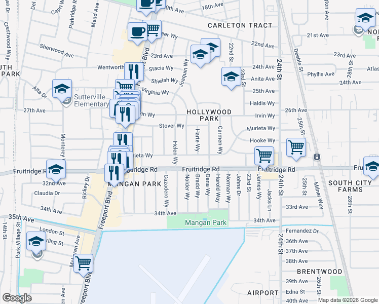 map of restaurants, bars, coffee shops, grocery stores, and more near 5425 Virginia Way in Sacramento