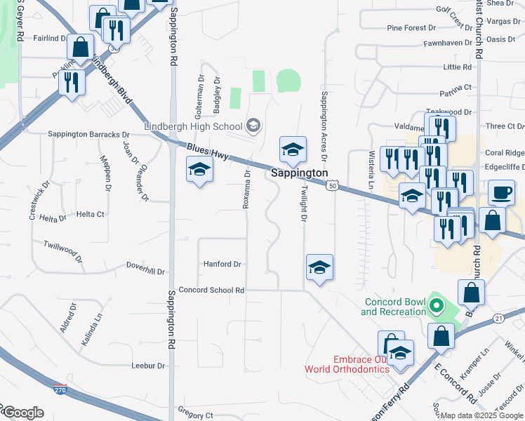 map of restaurants, bars, coffee shops, grocery stores, and more near 10573 Hackamore Lane in Sappington
