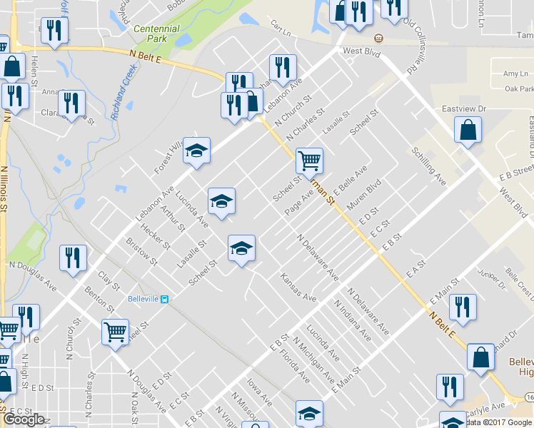map of restaurants, bars, coffee shops, grocery stores, and more near 1710 Scheel Street in Belleville