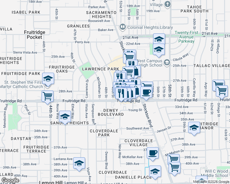 map of restaurants, bars, coffee shops, grocery stores, and more near 5071 Fruitridge Road in Sacramento