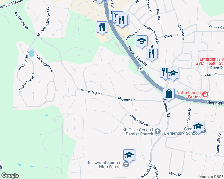 map of restaurants, bars, coffee shops, grocery stores, and more near 17 Majestic Court in Fenton