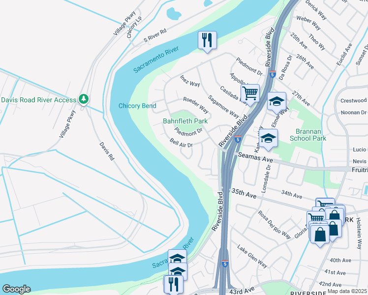 map of restaurants, bars, coffee shops, grocery stores, and more near 900 Bell Air Drive in Sacramento