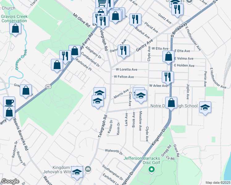 map of restaurants, bars, coffee shops, grocery stores, and more near 422 Jett Avenue in St. Louis