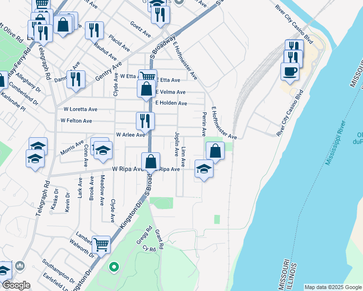 map of restaurants, bars, coffee shops, grocery stores, and more near 9817 Linn Avenue in St. Louis