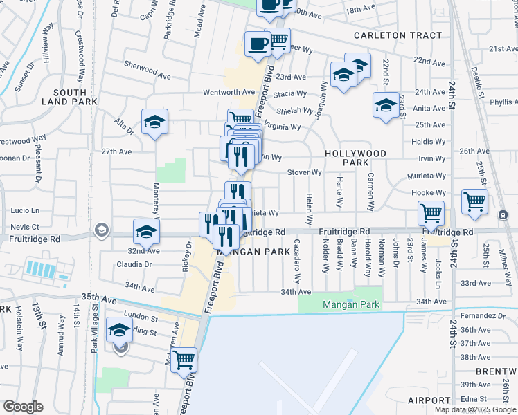map of restaurants, bars, coffee shops, grocery stores, and more near 5428 Carmela Way in Sacramento