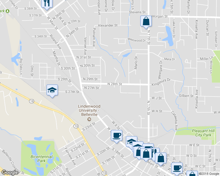 map of restaurants, bars, coffee shops, grocery stores, and more near 228 North 28th Street in Belleville