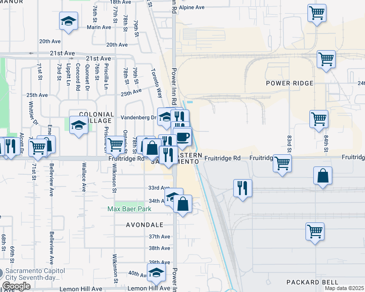 map of restaurants, bars, coffee shops, grocery stores, and more near 5501 Power Inn Road in Sacramento