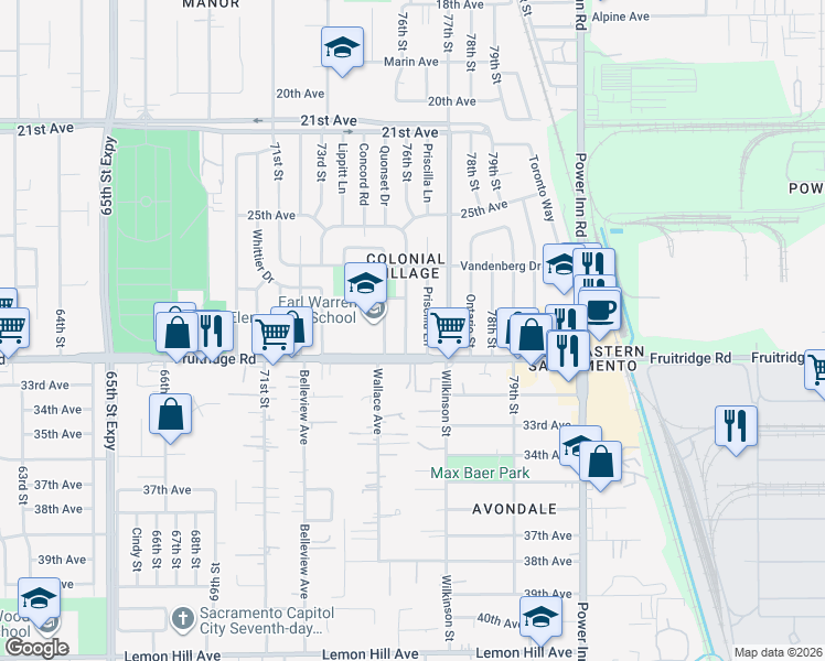 map of restaurants, bars, coffee shops, grocery stores, and more near 5461 Standish Road in Sacramento
