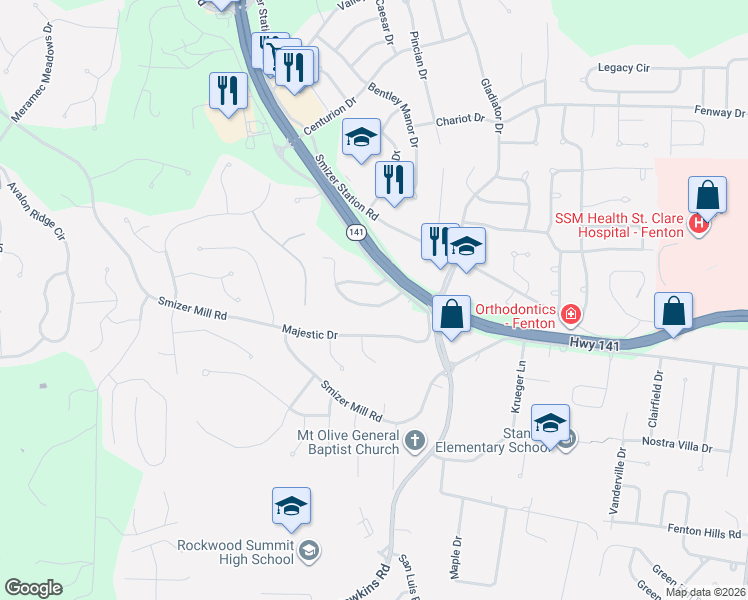 map of restaurants, bars, coffee shops, grocery stores, and more near 1741 Preston Centre Drive in Fenton
