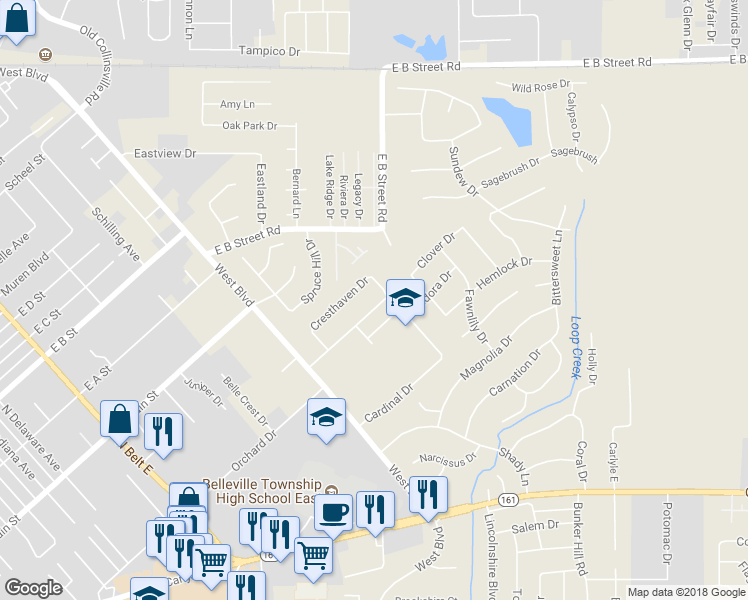 map of restaurants, bars, coffee shops, grocery stores, and more near 143 Cresthaven Drive in Belleville