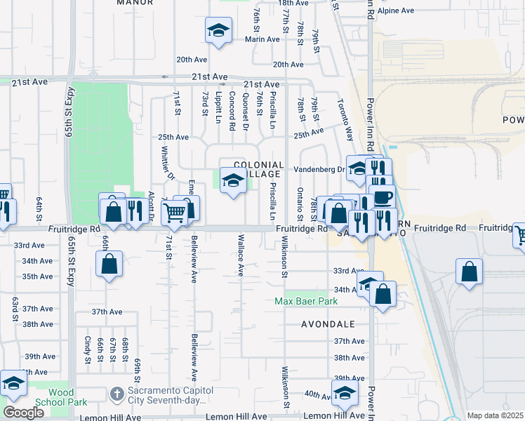 map of restaurants, bars, coffee shops, grocery stores, and more near 5461 Standish Road in Sacramento