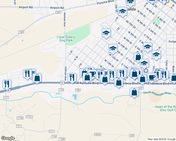 map of restaurants, bars, coffee shops, grocery stores, and more near 1521 I Street in Salida