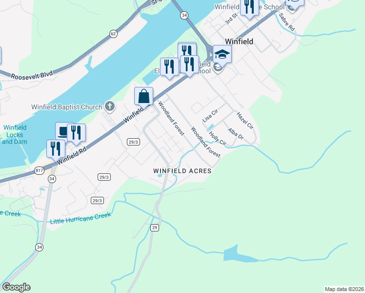 map of restaurants, bars, coffee shops, grocery stores, and more near 43 Cloverleaf Street in Winfield
