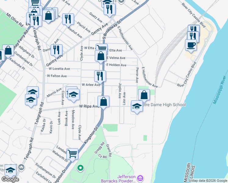 map of restaurants, bars, coffee shops, grocery stores, and more near 9814 Erie Avenue in St. Louis