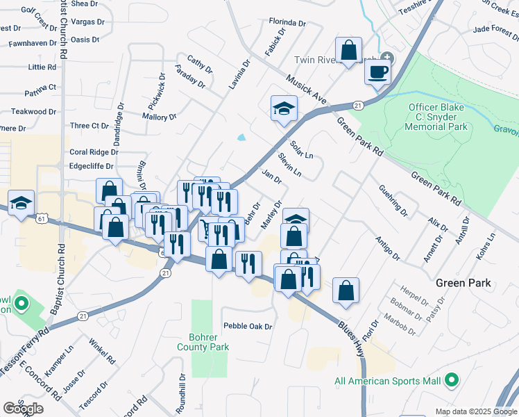 map of restaurants, bars, coffee shops, grocery stores, and more near 11214 Behr Drive in St. Louis