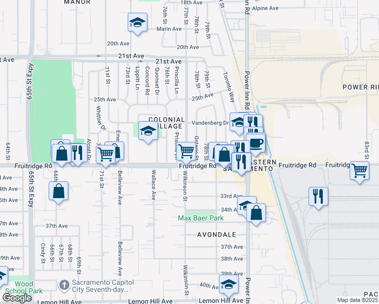 map of restaurants, bars, coffee shops, grocery stores, and more near 5460 Bradford Drive in Sacramento
