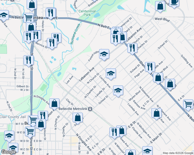 map of restaurants, bars, coffee shops, grocery stores, and more near 809 Lucinda Avenue in Belleville