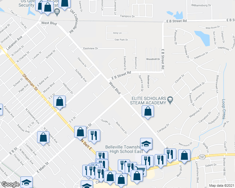 map of restaurants, bars, coffee shops, grocery stores, and more near 1725 West Boulevard in Belleville