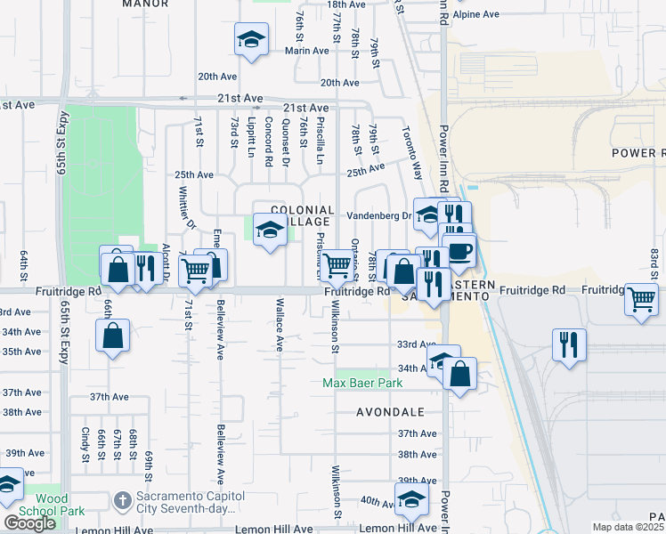 map of restaurants, bars, coffee shops, grocery stores, and more near 5460 Bradford Drive in Sacramento