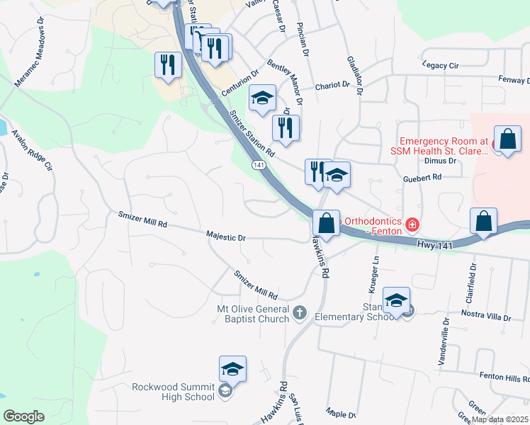 map of restaurants, bars, coffee shops, grocery stores, and more near 1741 Preston Centre Drive in Fenton