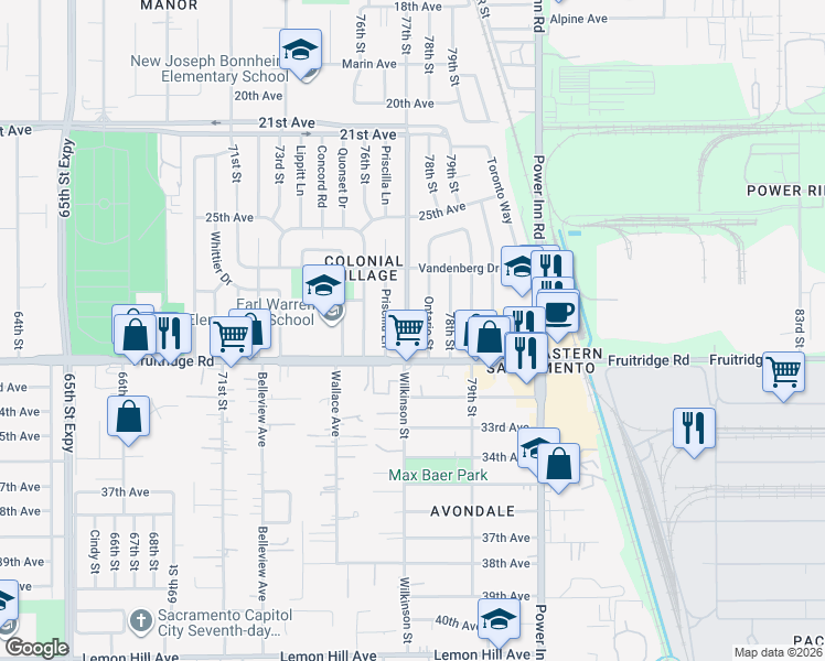 map of restaurants, bars, coffee shops, grocery stores, and more near 5460 Bradford Drive in Sacramento