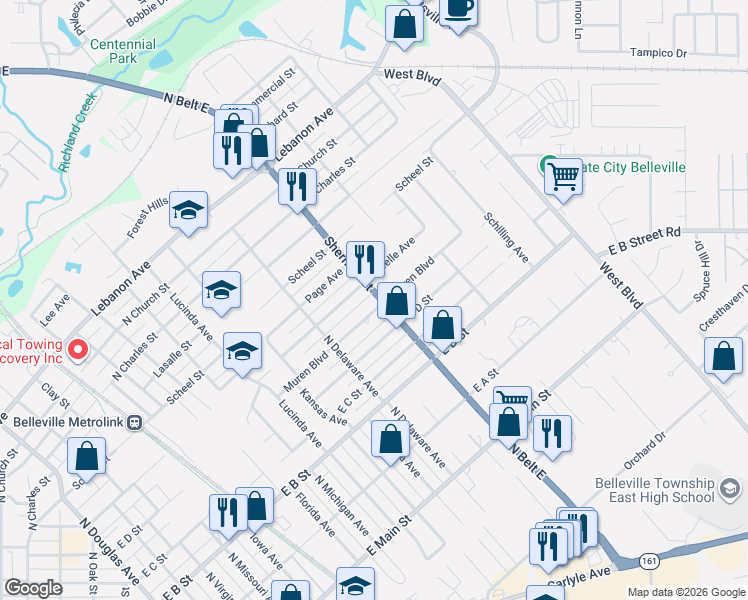 map of restaurants, bars, coffee shops, grocery stores, and more near 501 Sherman Street in Belleville