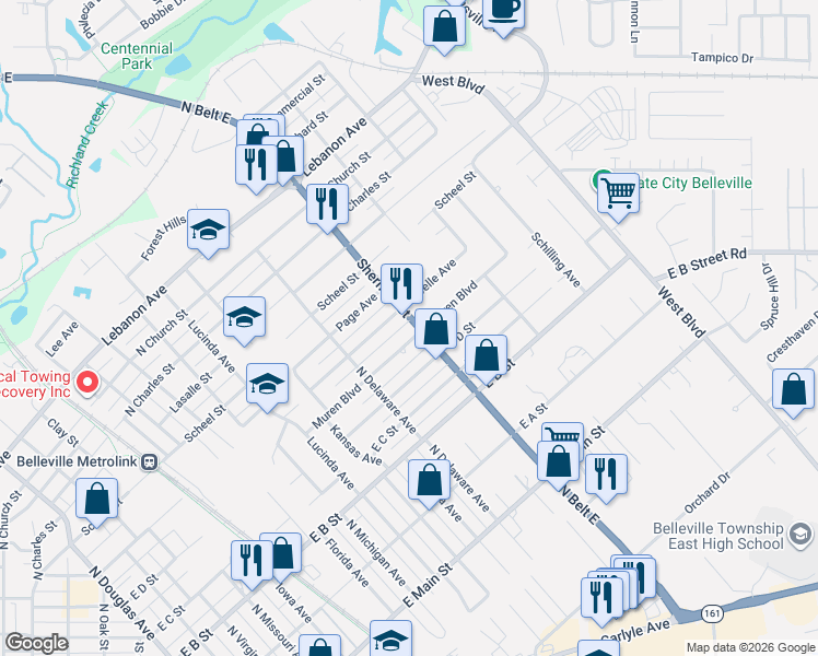 map of restaurants, bars, coffee shops, grocery stores, and more near 501 Sherman Street in Belleville