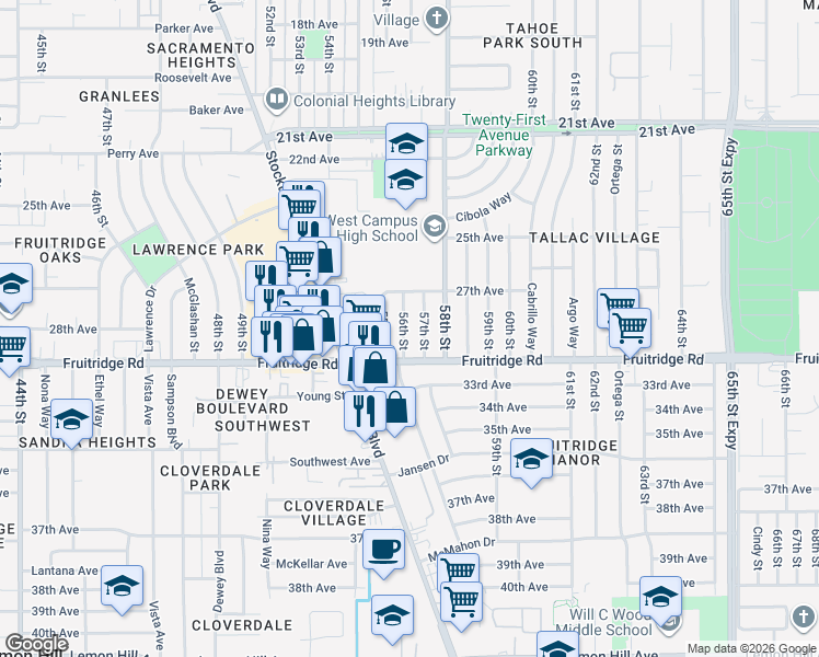 map of restaurants, bars, coffee shops, grocery stores, and more near 5401 56th Street in Sacramento