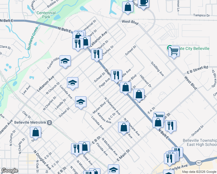 map of restaurants, bars, coffee shops, grocery stores, and more near 1817 East Belle Avenue in Belleville