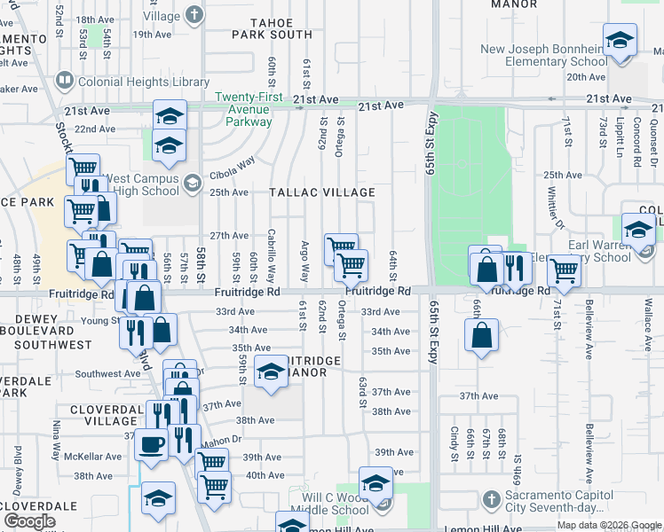 map of restaurants, bars, coffee shops, grocery stores, and more near 6206 28th Avenue in Sacramento