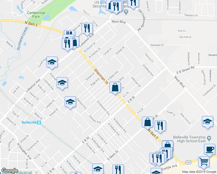 map of restaurants, bars, coffee shops, grocery stores, and more near 501 Sherman Street in Belleville