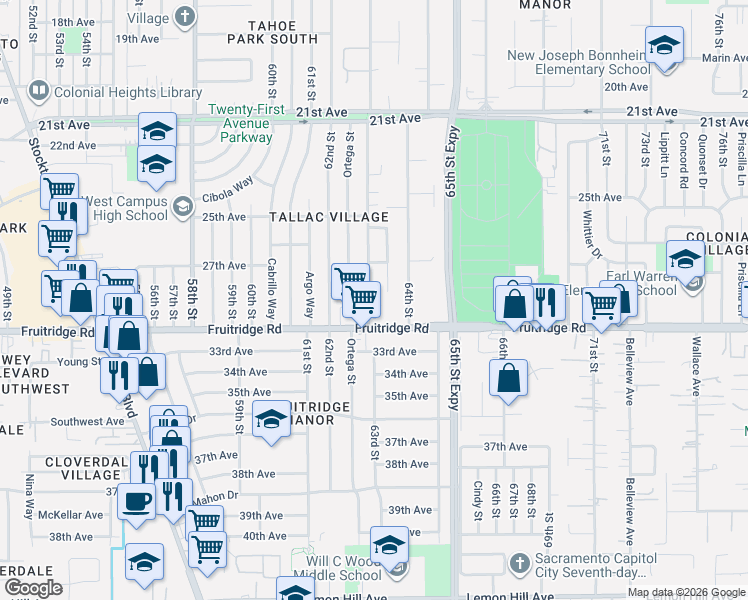 map of restaurants, bars, coffee shops, grocery stores, and more near 5467 63rd Street in Sacramento