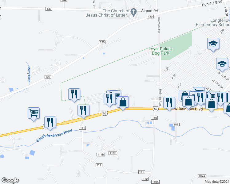 map of restaurants, bars, coffee shops, grocery stores, and more near 38 Rex Circle in Salida