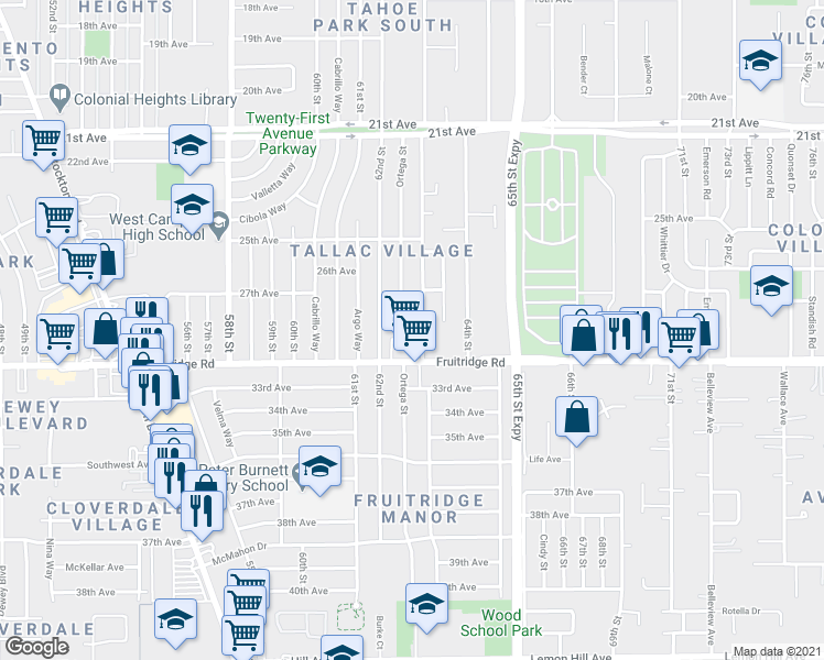 map of restaurants, bars, coffee shops, grocery stores, and more near 6222 28th Avenue in Sacramento