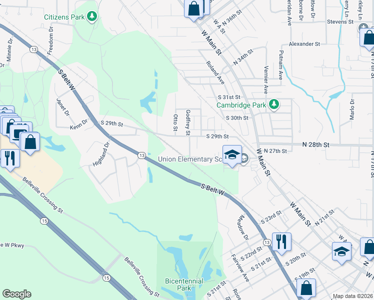 map of restaurants, bars, coffee shops, grocery stores, and more near 2706 Godfrey Street in Belleville