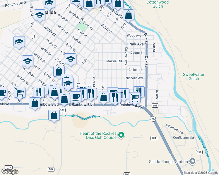 map of restaurants, bars, coffee shops, grocery stores, and more near 550 Palmer St in Salida