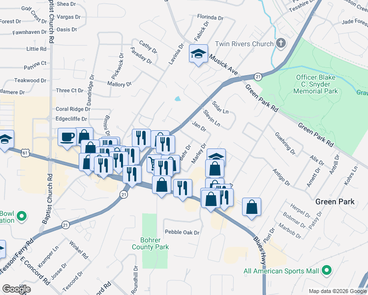 map of restaurants, bars, coffee shops, grocery stores, and more near 11214 Behr Drive in St. Louis
