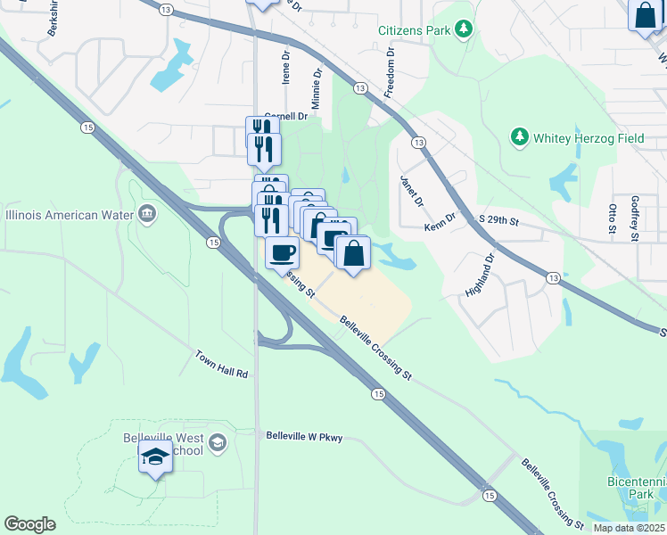 map of restaurants, bars, coffee shops, grocery stores, and more near 5601 Belleville Crossing Street in Belleville