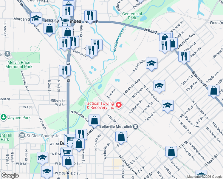 map of restaurants, bars, coffee shops, grocery stores, and more near 729 Lee Avenue in Belleville