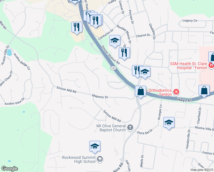map of restaurants, bars, coffee shops, grocery stores, and more near 1768 Preston Centre Drive in Fenton