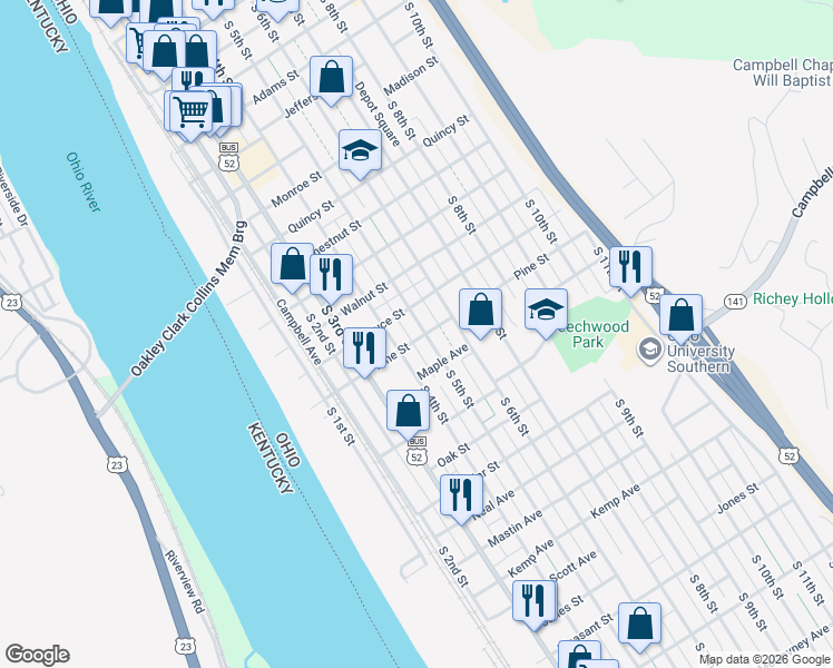 map of restaurants, bars, coffee shops, grocery stores, and more near 421 Pine Street in Ironton