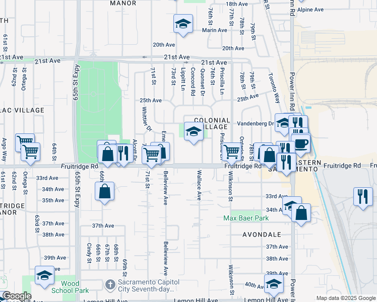 map of restaurants, bars, coffee shops, grocery stores, and more near 5420 Lowell Street in Sacramento