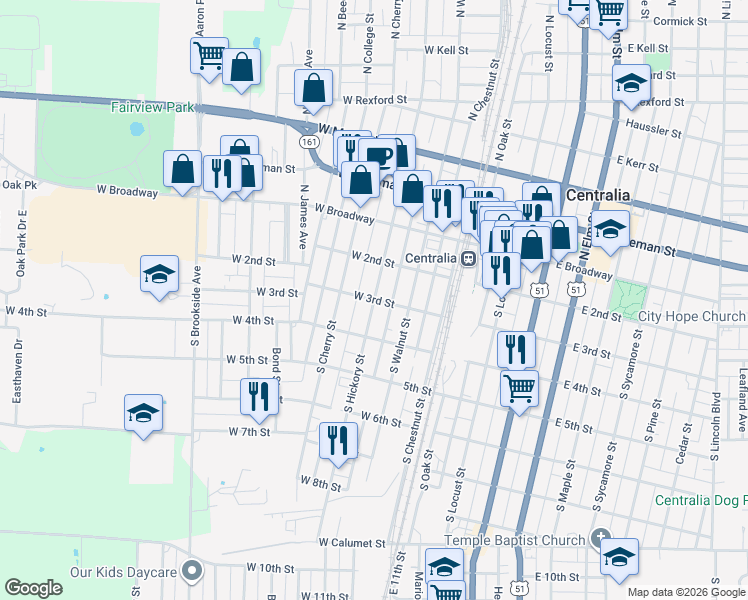 map of restaurants, bars, coffee shops, grocery stores, and more near 301 West 3rd Street in Centralia