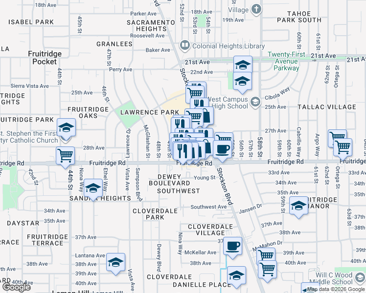 map of restaurants, bars, coffee shops, grocery stores, and more near 5071 Fruitridge Road in Sacramento