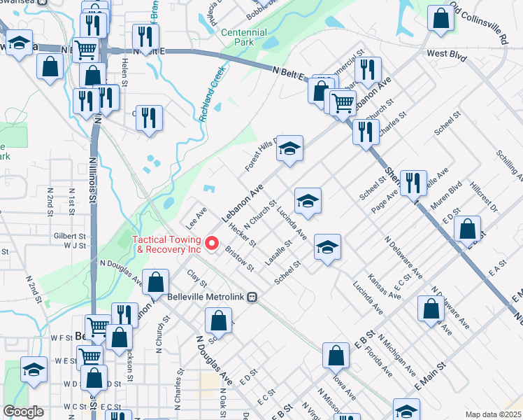 map of restaurants, bars, coffee shops, grocery stores, and more near 1217 North Church Street in Belleville
