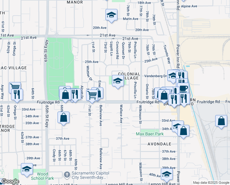 map of restaurants, bars, coffee shops, grocery stores, and more near in Sacramento