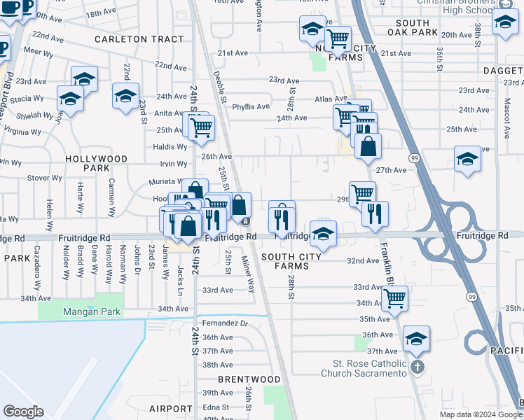 map of restaurants, bars, coffee shops, grocery stores, and more near 2740 29th Avenue in Sacramento