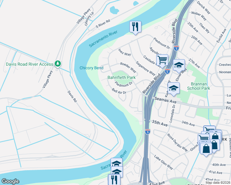 map of restaurants, bars, coffee shops, grocery stores, and more near 900 Bell Air Drive in Sacramento