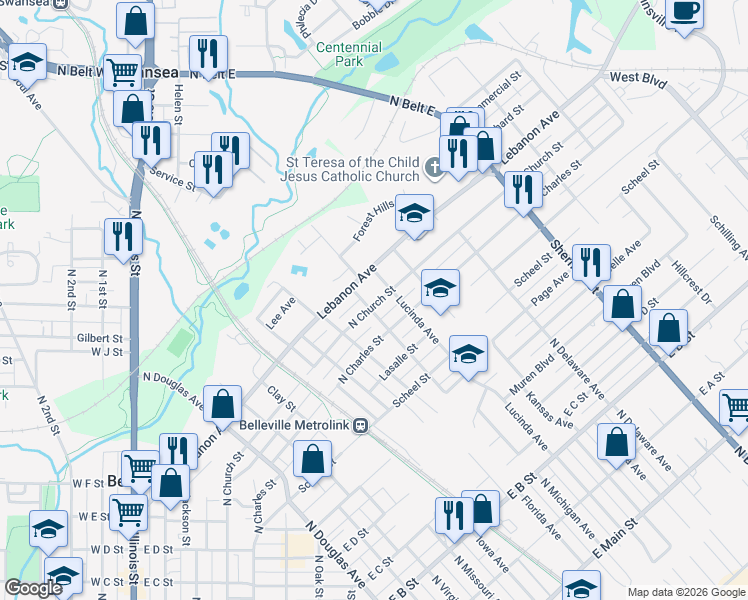 map of restaurants, bars, coffee shops, grocery stores, and more near 1217 North Church Street in Belleville