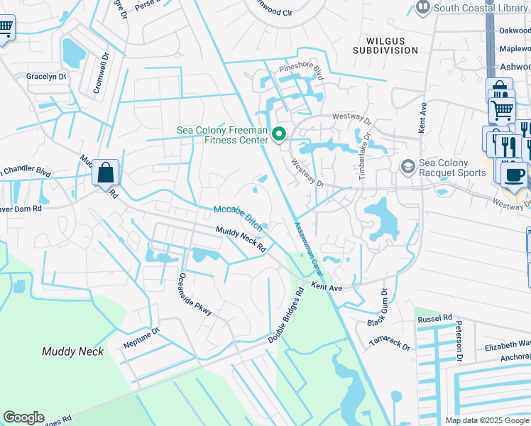 map of restaurants, bars, coffee shops, grocery stores, and more near 33805 Waterside Drive in Frankford